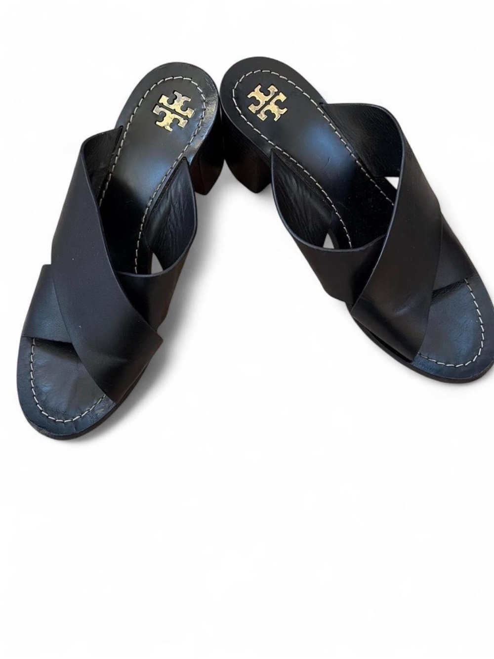 Tory Burch Black Leather Criss-Cross Wedge Sandals Gold Logo Size 8.5 M